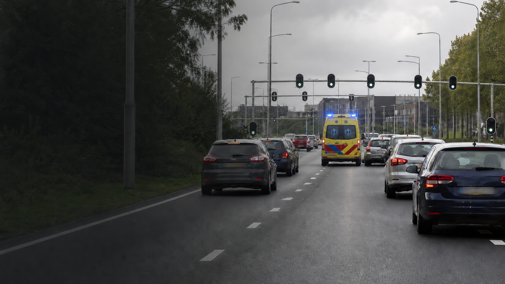 Ambulance die met blauwe zwaailichten tussen verkeer doorrijdt