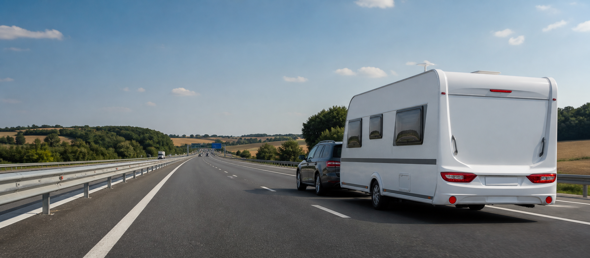 Illustratie van een auto met caravan op een Franse autoroute