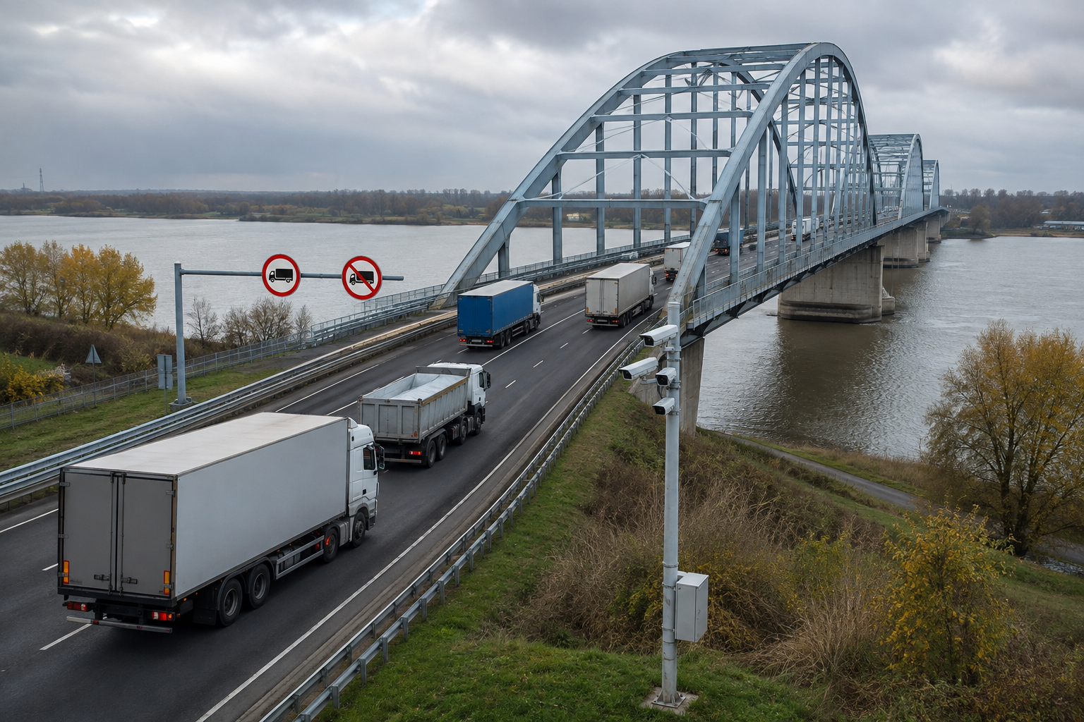 Illustratie van vrachtwagens, verbodsborden en camera's bij een stalen boogbrug