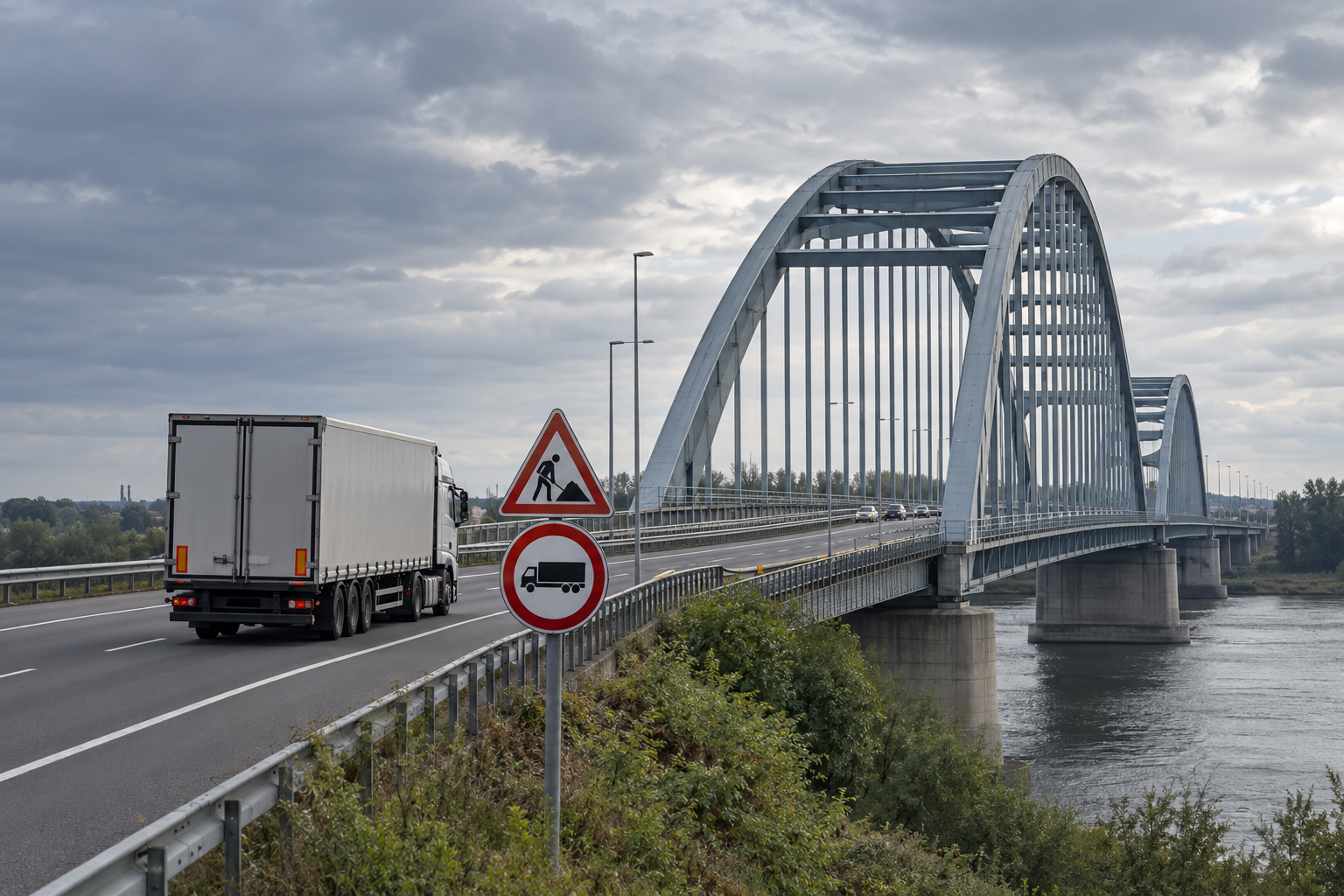Illustratie van een vrachtauto bij een stalen boogbrug met de verkeersborden J16 en C7b
