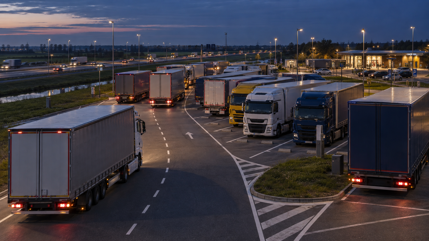 Illustratie van een volle vrachtwagenparking in de avond