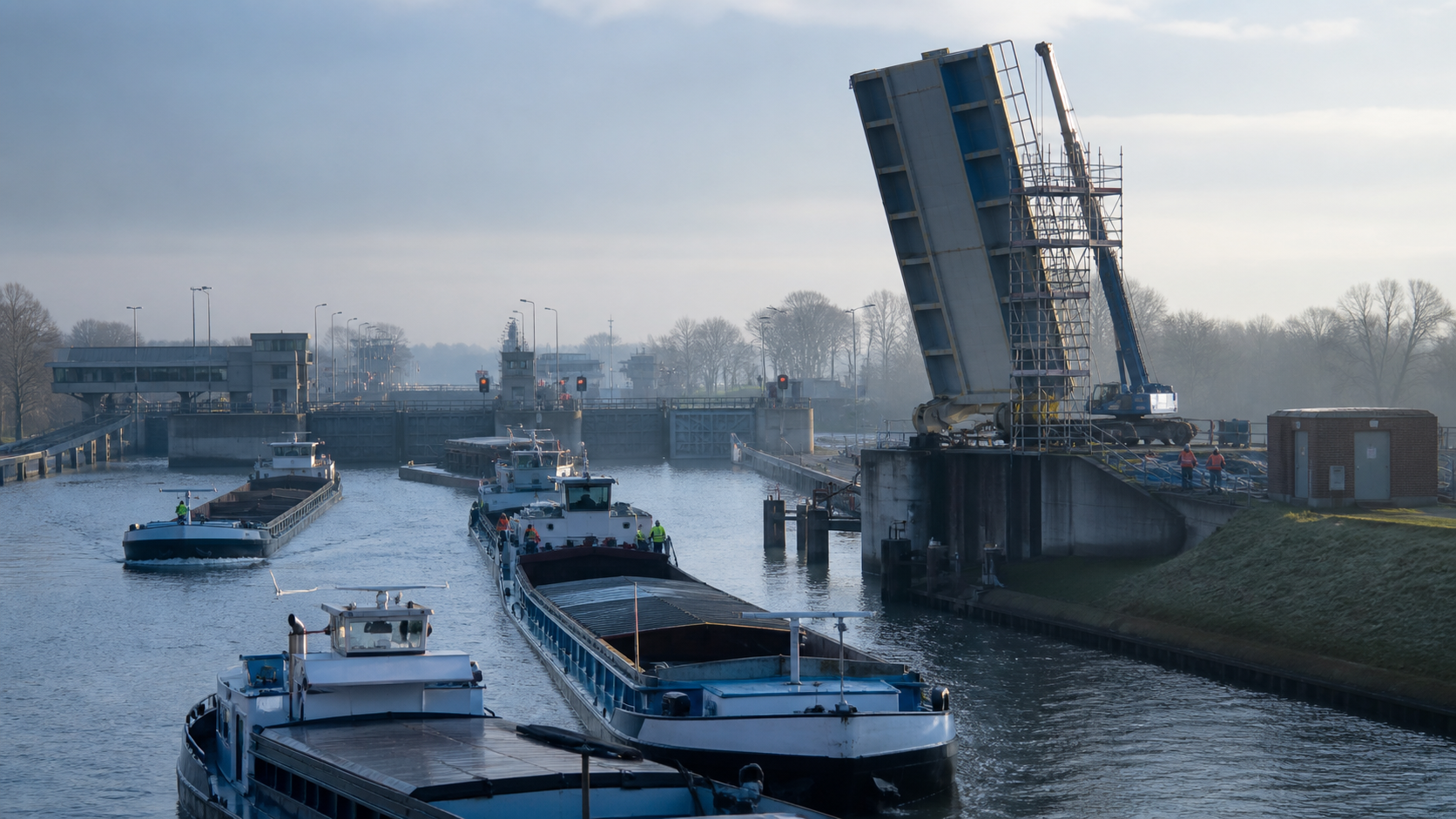 Illustratieve binnenvaartschepen die wachten bij een sluis en beweegbare brug in onderhoud