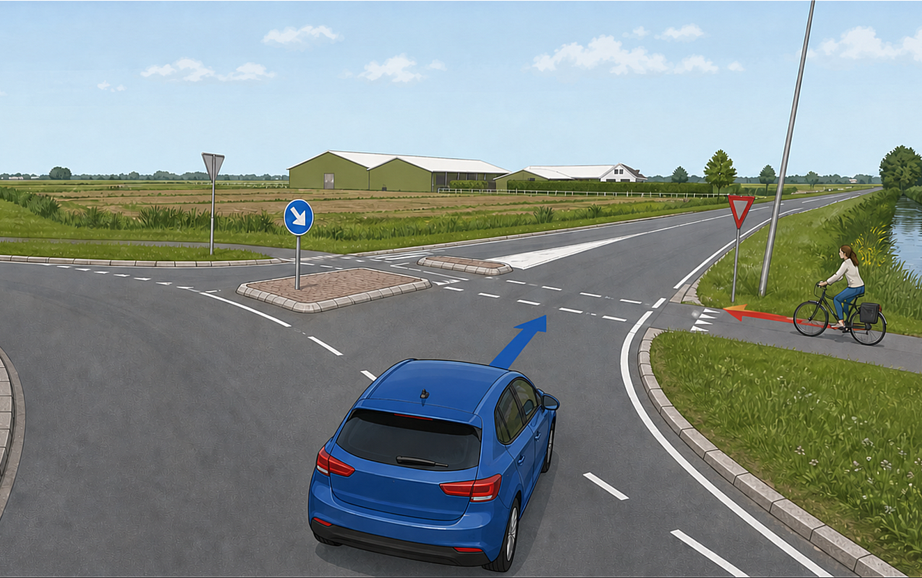 Schematische illustratie van een auto die een rotonde verlaat en een vrijliggend fietspad met B6 en haaientanden kruist