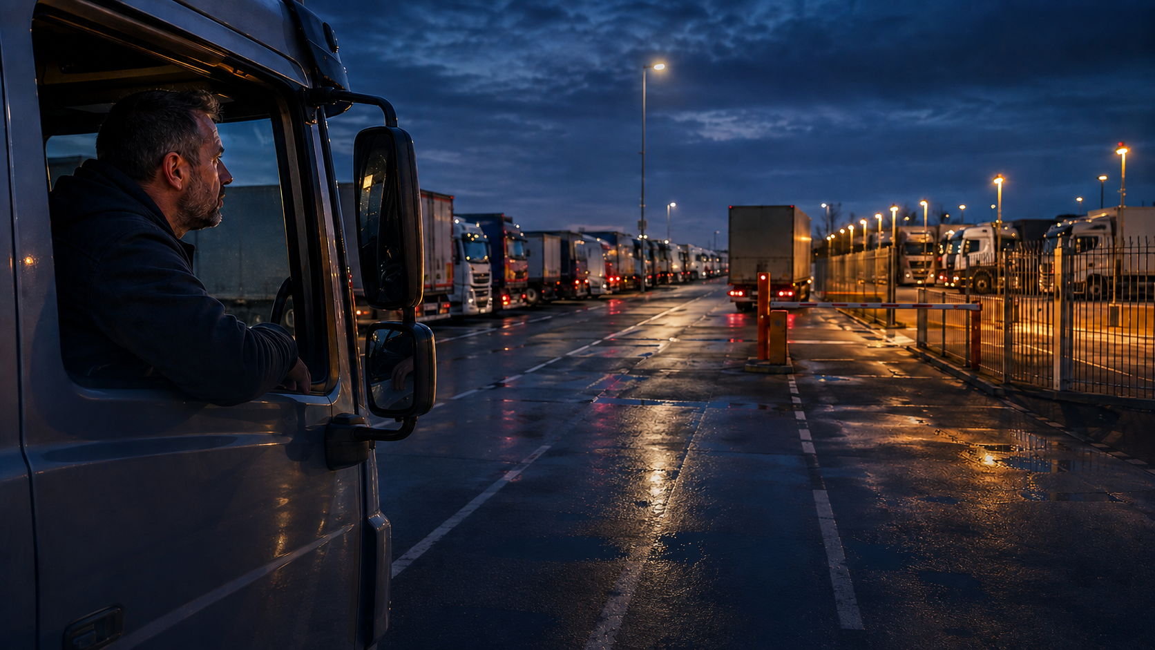 Een volle vrachtwagenparking in de avond terwijl een chauffeur naar een vrije plaats zoekt
