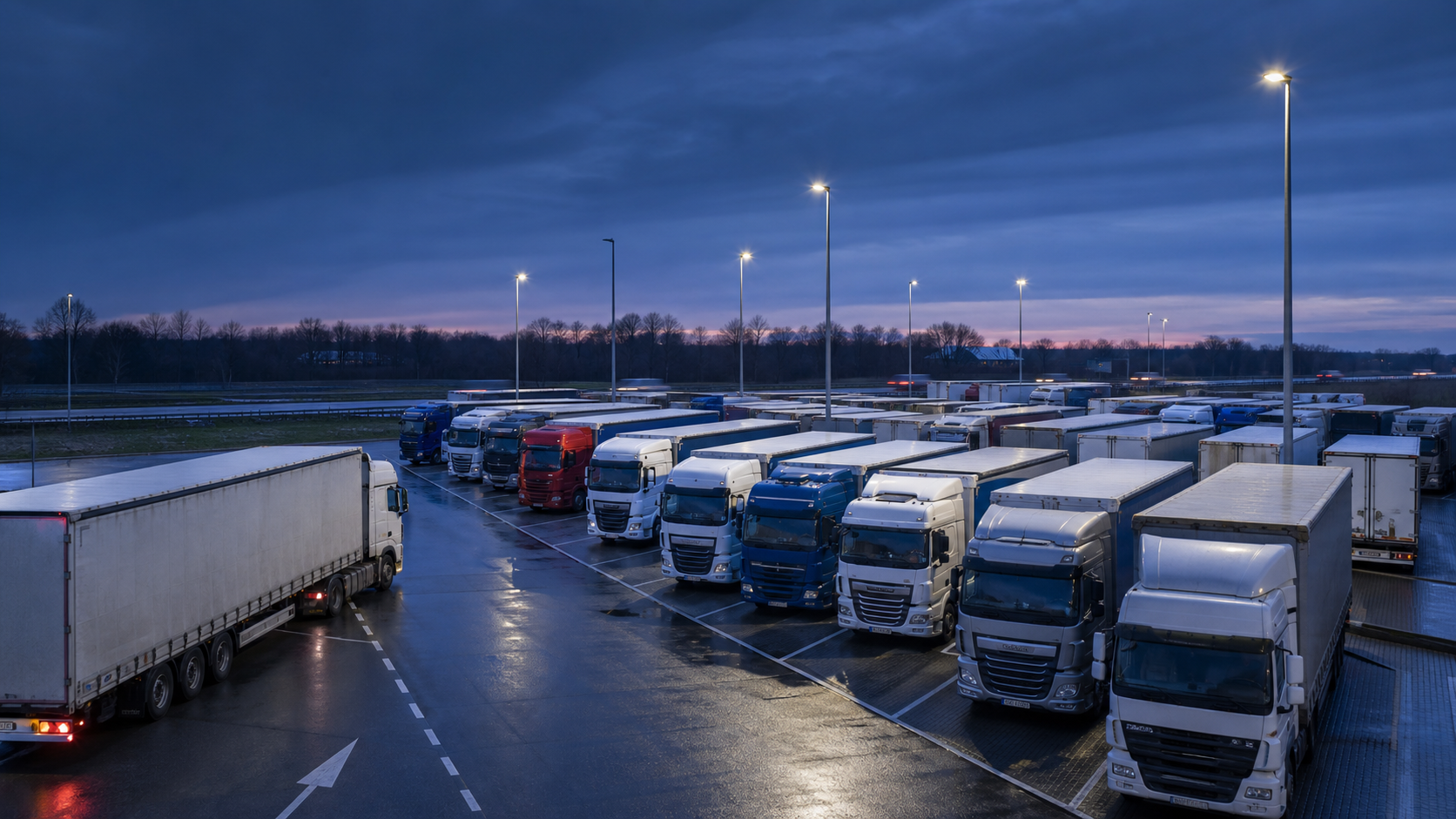 Een volle vrachtwagenparking bij het vallen van de avond, terwijl nog een vrachtwagen naar een vrije plaats zoekt